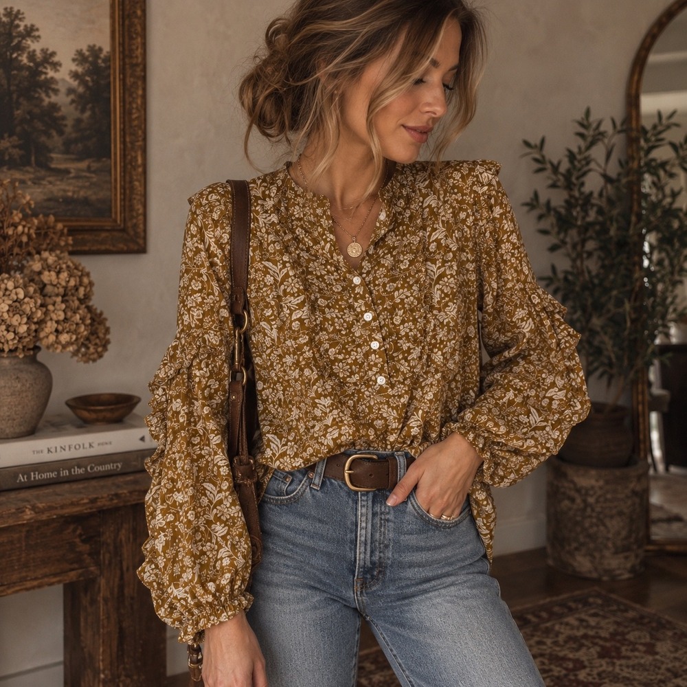 J.Crew Floral Ruffle Blouse Medium Mustard Brown Cottagecore Boho prairie fall